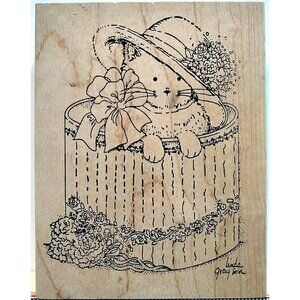 Stamps Happen CAT IN A GIFT BOX Birthday/Shabby Chic/Spring/Bow/ Rubber Stamp